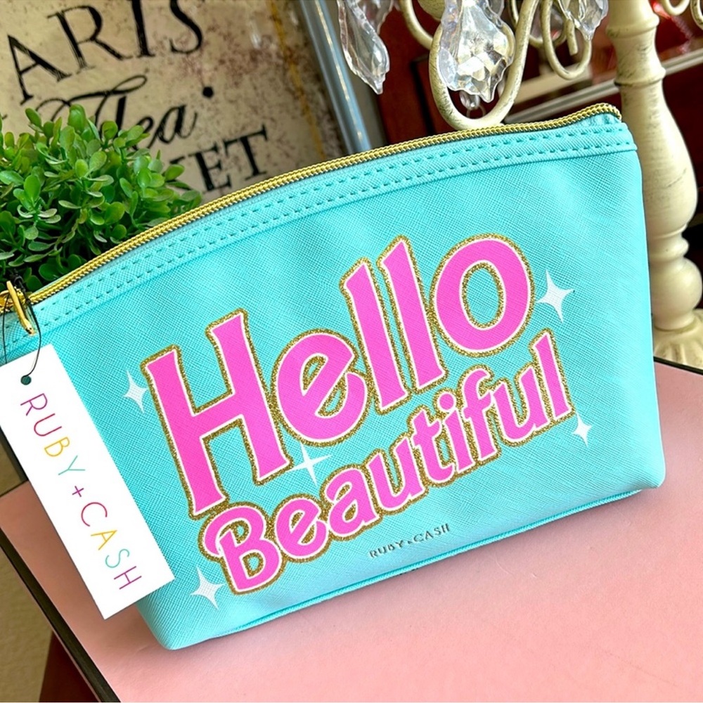 Barbie inspired Hello Beautiful Aqua blue and hot pink Cosmetic Bag